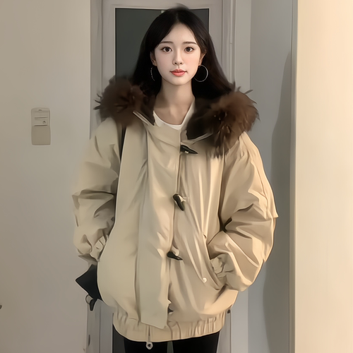 美式复古大毛领牛角扣羽绒棉袄女