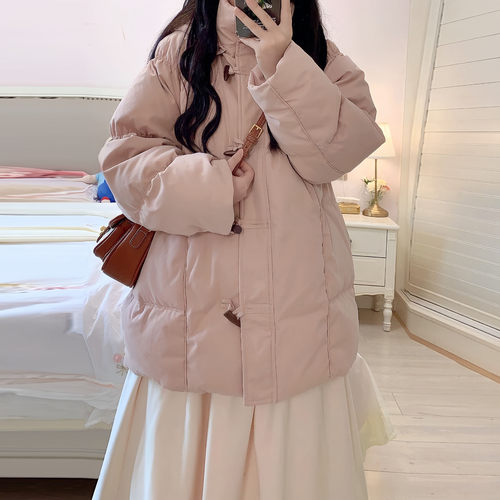 超好看独特牛角扣粉色羽绒棉袄女