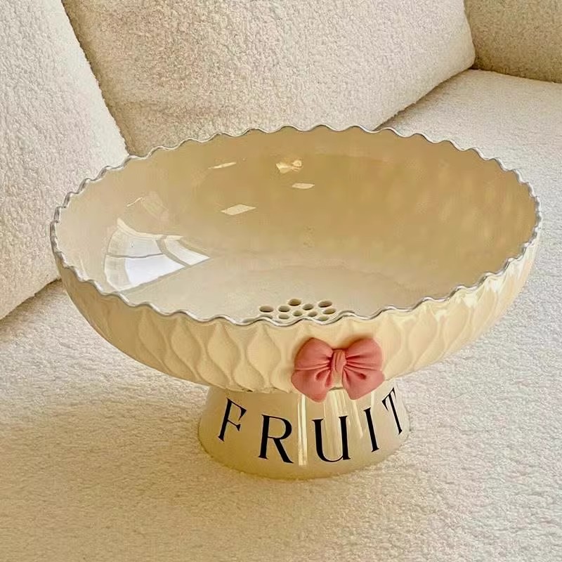 沥水果盘客厅茶几高脚果篮奶油风高颜值糖果零食盘大容量水果盘子