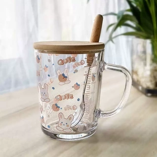 ins透明水杯女玻璃杯牛奶咖啡早餐杯学生儿童可爱刻度杯子带盖勺