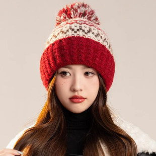 帽子女冬季新款民族风针织毛线帽加绒保暖护耳防寒百搭显脸小冷帽