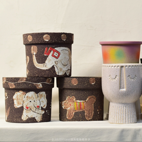 ZB【手绘盆】 粗陶手绘小动物盆器 可爱创意简约陶土兰花盆陶盆