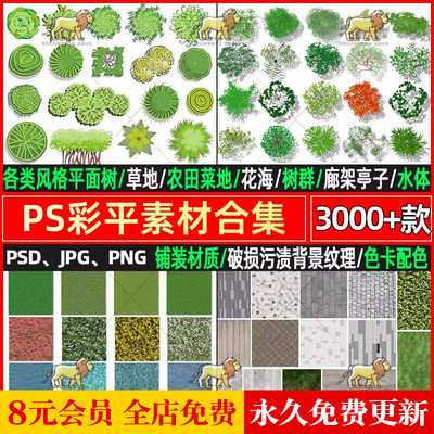 2024ps园林景观彩平图素材psd植物平面树木草坪草地花卉铺装材质