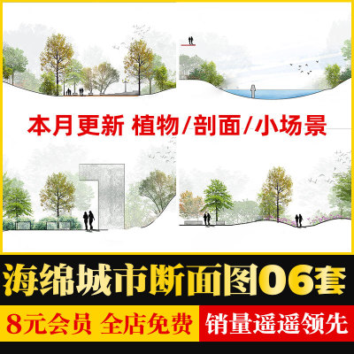 海绵城市园林景观小场景断面区位植物剖面分析图PSD分层设计素材