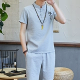 Летняя футболка с коротким рукавом, комплект для отдыха, ханьфу, трендовая китайская вышивка, из хлопка и льна, в корейском стиле, с вышивкой, китайский стиль, облегающий крой