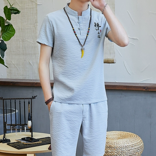 Летняя футболка с коротким рукавом, комплект для отдыха, ханьфу, трендовая китайская вышивка, из хлопка и льна, в корейском стиле, с вышивкой, китайский стиль, облегающий крой