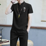 Летняя футболка с коротким рукавом, комплект для отдыха, ханьфу, трендовая китайская вышивка, из хлопка и льна, в корейском стиле, с вышивкой, китайский стиль, облегающий крой