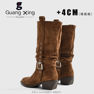 光杏小众褶皱堆堆靴女2025新款 百搭废土风高跟长筒靴西部靴女 秋季