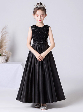 儿童晚礼服女童黑色高端洋气生日宴公主裙小主持钢琴演奏演出服装