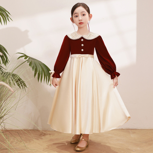 女童礼服红色公主裙秋冬花童婚礼小女孩儿童主持人钢琴演奏演出服