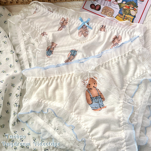 内裤日系少女复古小熊印花蕾丝