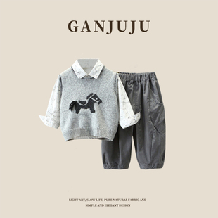 男童春装套装2026新款毛衣马甲衬衫三件套洋气男宝宝春秋衣服套装