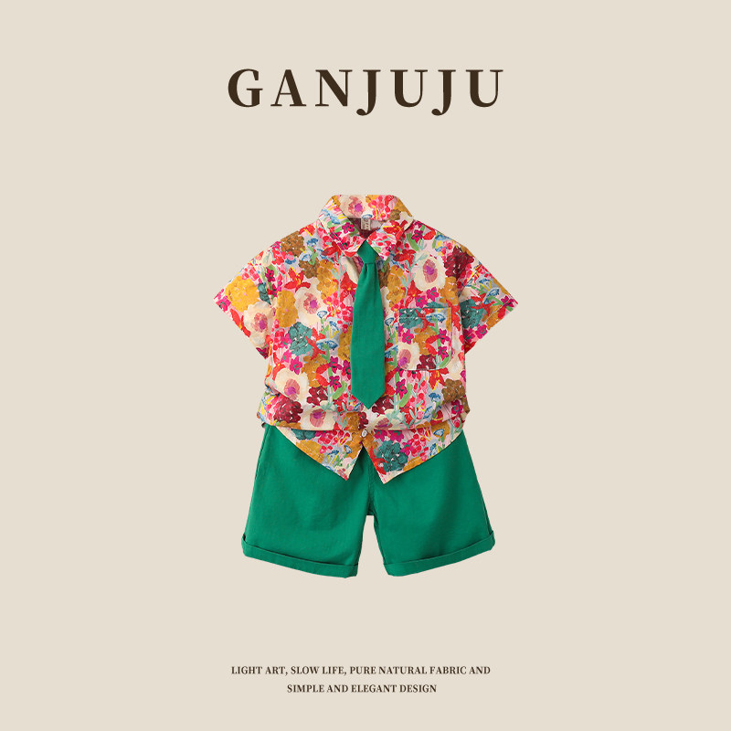 男童短袖衬衫套装2026新款宝宝夏天网红时尚衣服小儿童痞帅气童装