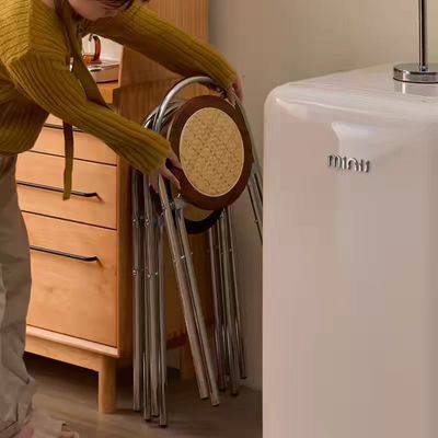 中古折叠餐椅家用阳台休闲侘寂风小户型ins实木凳子复古藤编椅子