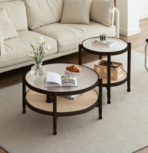 日式实木藤编茶几桌长虹玻璃双层圆形原木简约ins客厅家用小户型