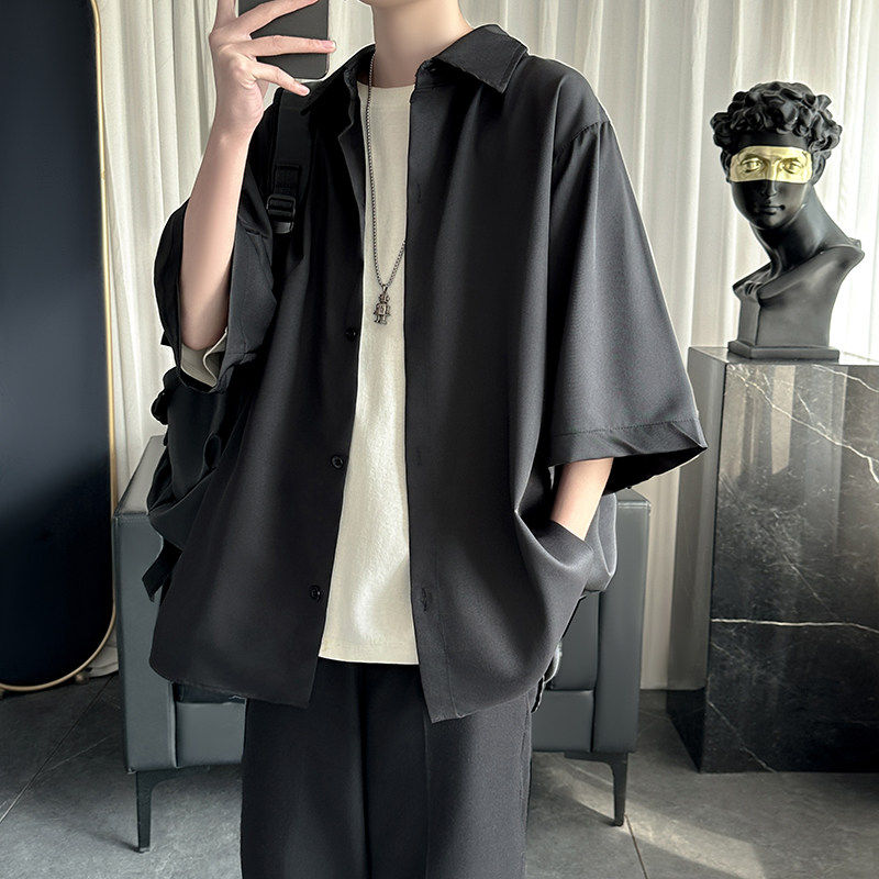 日系短袖衬衫男生2025年夏季薄款高级感纯色潮牌五分半袖衬衣外套