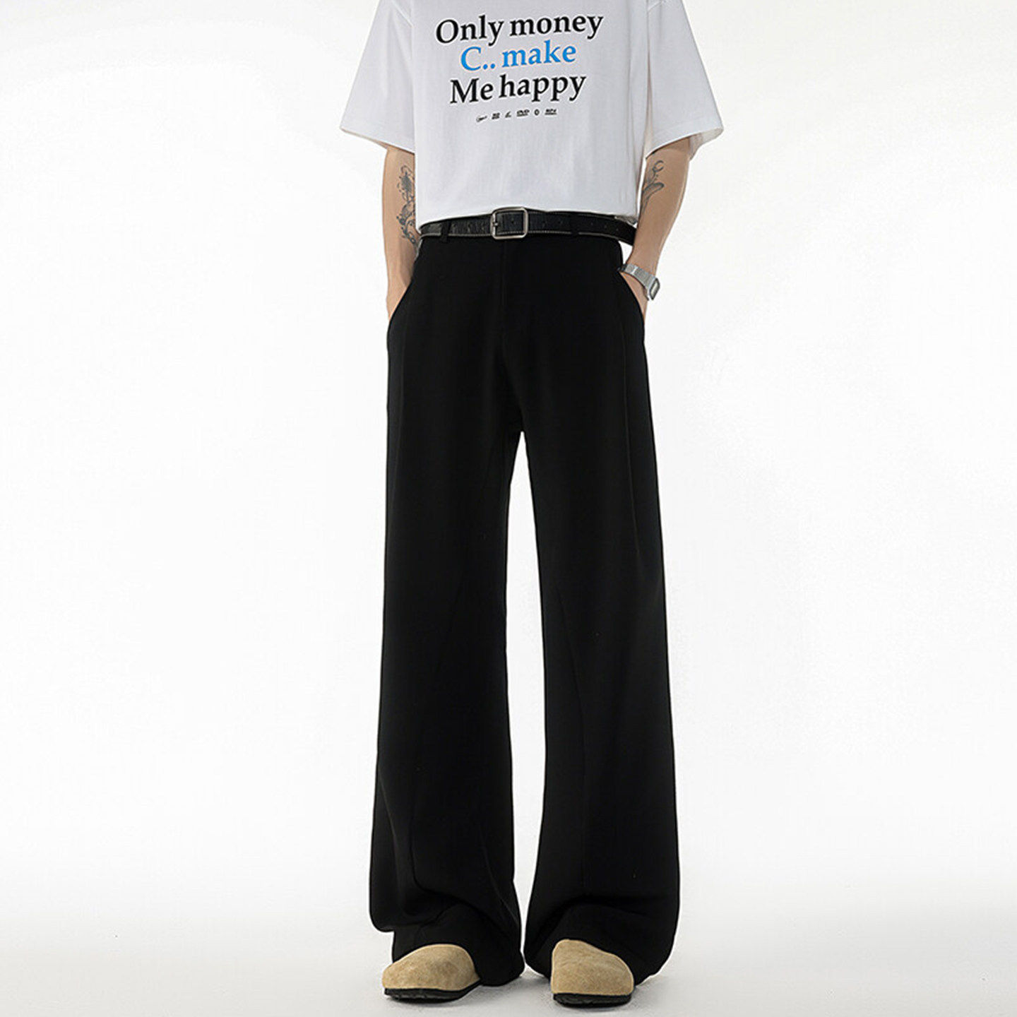 白色西裤垂坠感休闲裤男夏季薄款cleanfit微喇裤弯刀直筒阔腿裤子