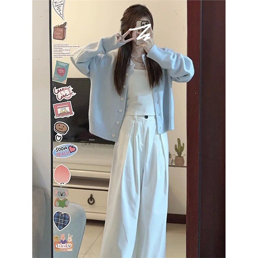 法式蓝色针织开衫女春秋新款宽松气质小个子休闲百搭软糯短款外套