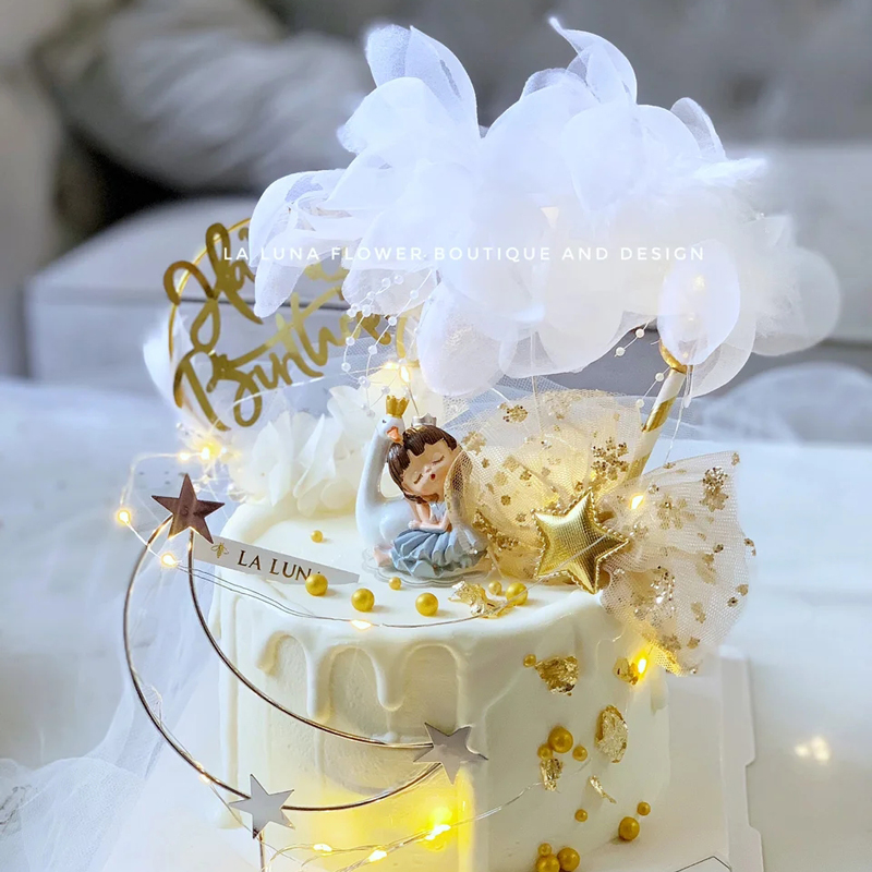 可爱天鹅小女孩睡公主儿童生日蛋糕甜品派对装饰摆件树脂公仔配件