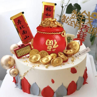新年发财烘焙摆件福袋钱袋子店铺开业甜品台摆件聚宝盆蛋糕储钱罐