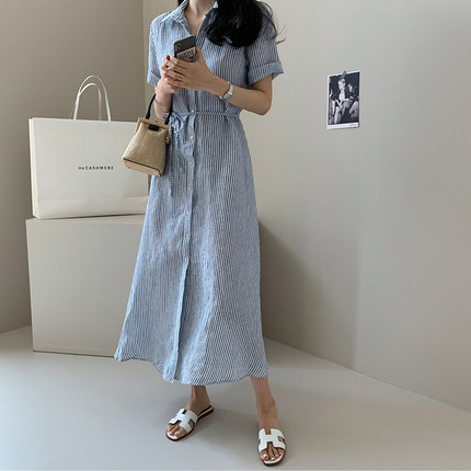 棉麻条纹连衣裙女中长款2022夏季新款韩版系带显瘦短袖衬衫裙子潮