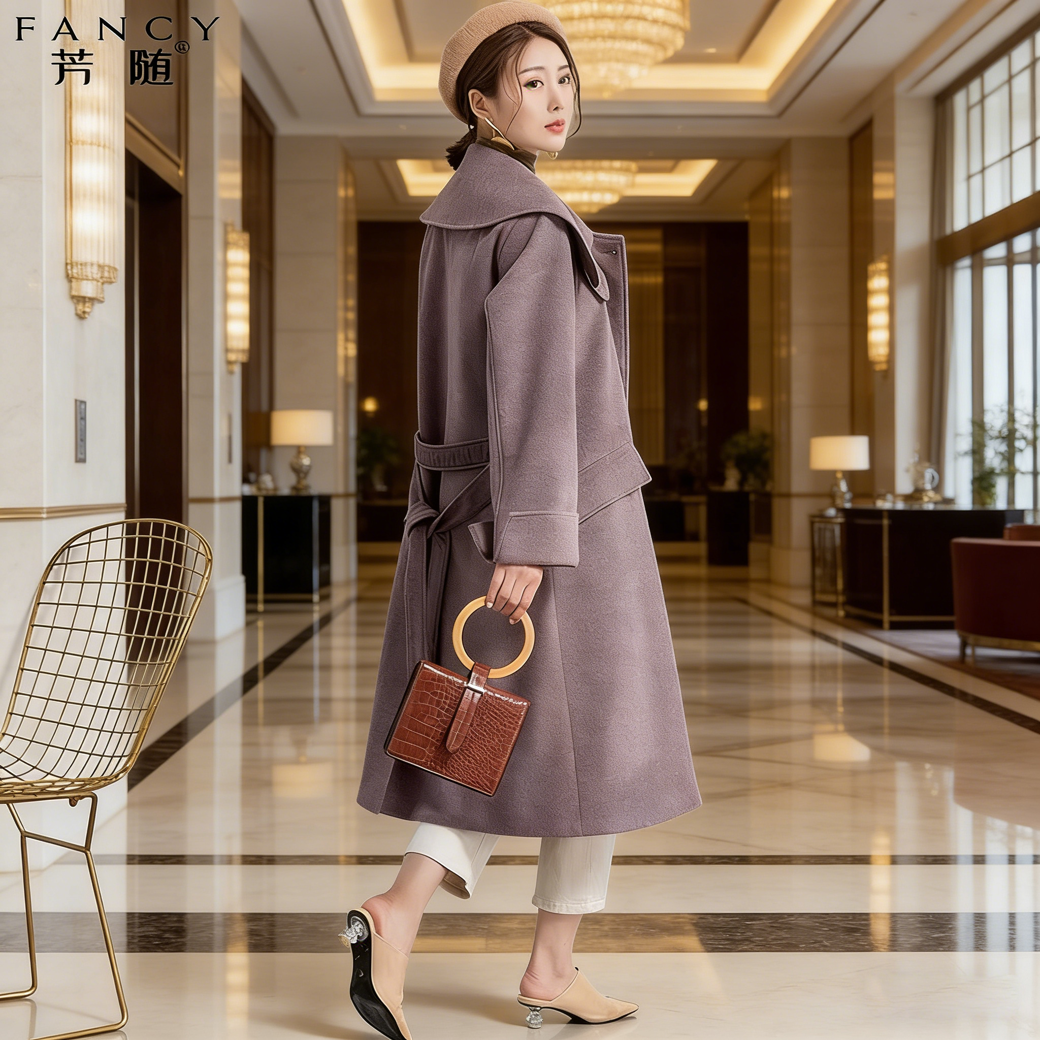 毛呢外套女2026新款早春高级长款系带收腰显瘦海军领毛呢大衣女