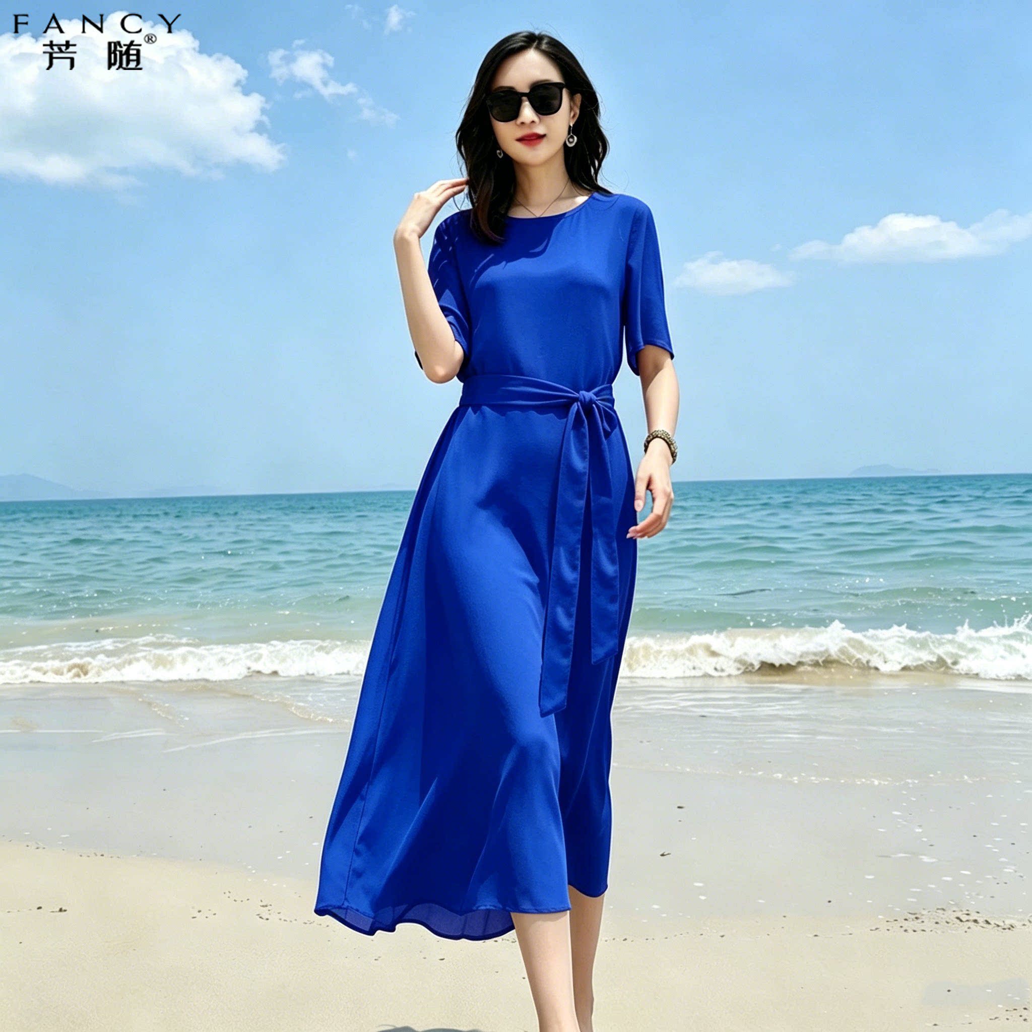 夏季宝蓝轻熟收腰系带连衣裙