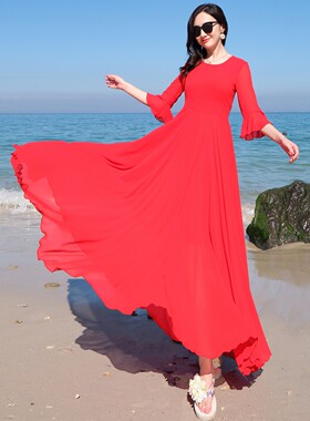 海边度假连衣裙今年流行爆款度假超仙到脚踝七分袖三亚沙滩大摆裙