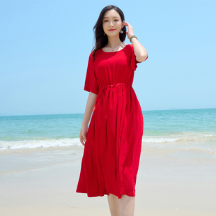 红色连衣裙女2026夏季小个子草原度假中长款宽松三亚沙滩中长裙
