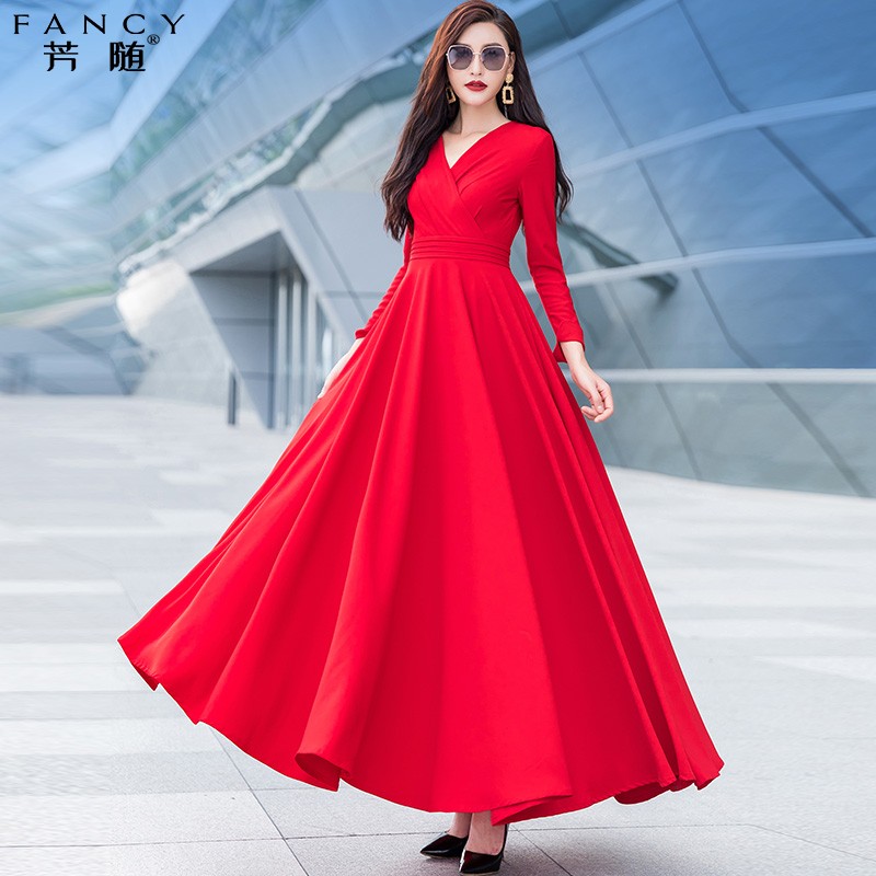 红色长袖春季连衣裙女2024新款收腰显瘦气质小个子过膝大摆长裙子