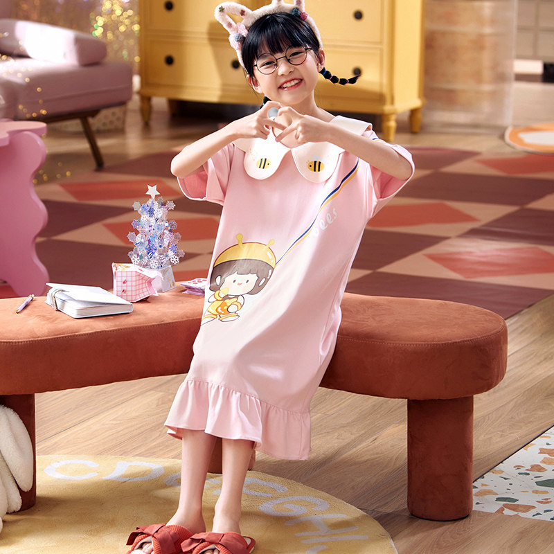 女孩纯棉睡衣睡裙夏季可爱女童甜美公主风家居连衣裙可外穿美少女