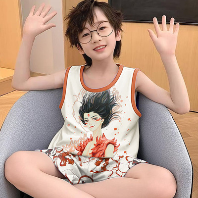 青少年背心睡衣男童无袖套装夏季