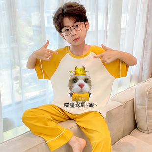 儿童睡衣搞笑奇葩中大童男孩喵皇家居服纯棉男童夏季短袖薄款套装
