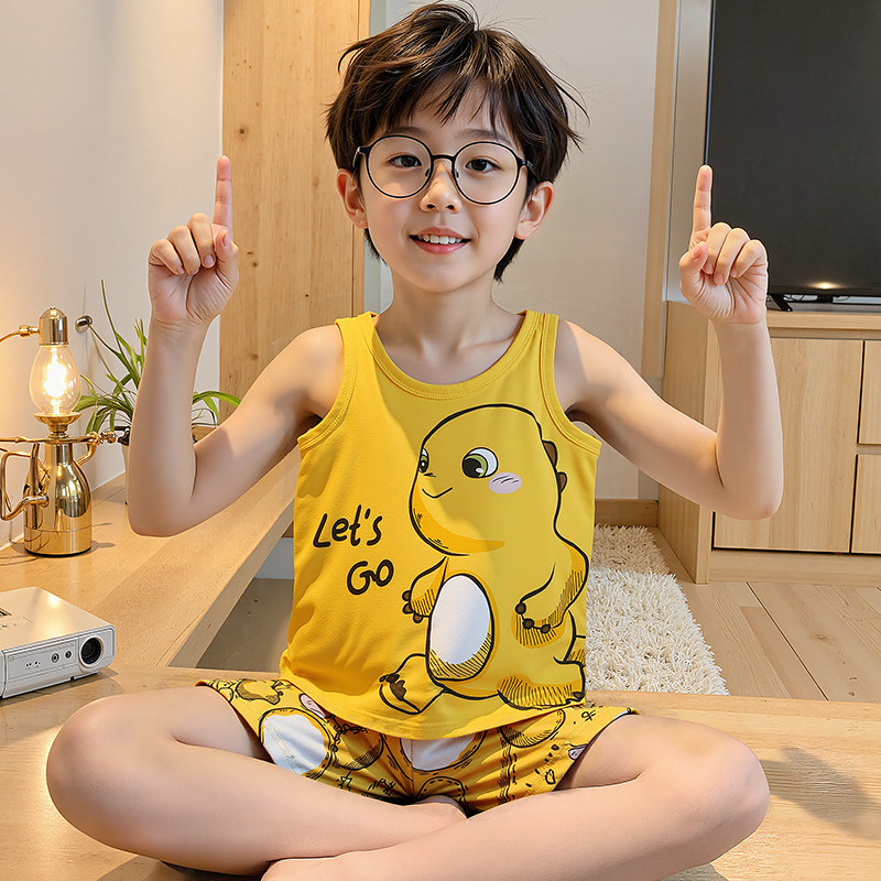 莫代尔睡衣奶龙男童背心短裤套装儿童空调服夏季中大童无袖家居服