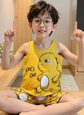 莫代尔睡衣奶龙男童背心短裤套装儿童空调服夏季中大童无袖家居服
