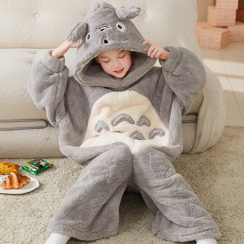 女童连体睡衣儿童冬款珊瑚绒睡袋中大童龙猫万圣节服装女孩家居服