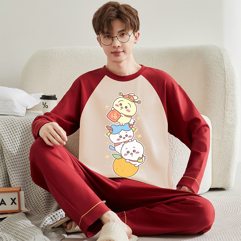 青少年春秋男款长袖红色纯棉套装