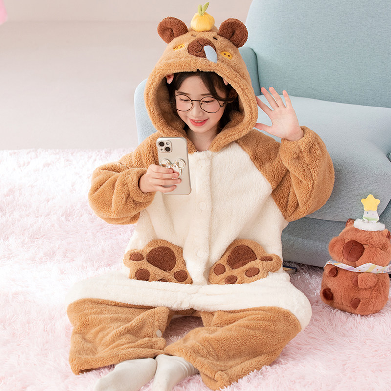 卡皮巴拉儿童睡衣2025新款女孩大童连体家居服珊瑚绒女童冬季睡袍