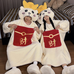 情侣连体睡衣女款冬季珊瑚绒可爱卡通家居服2025新款可外穿长袍男