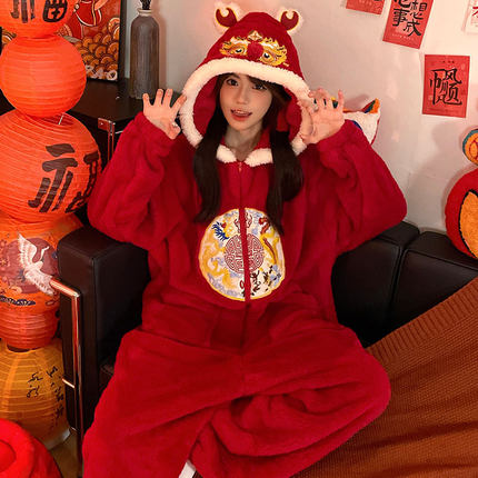 珊瑚绒睡衣女冬季连体红色加绒加厚连帽秋冬法兰绒可爱女生家居服