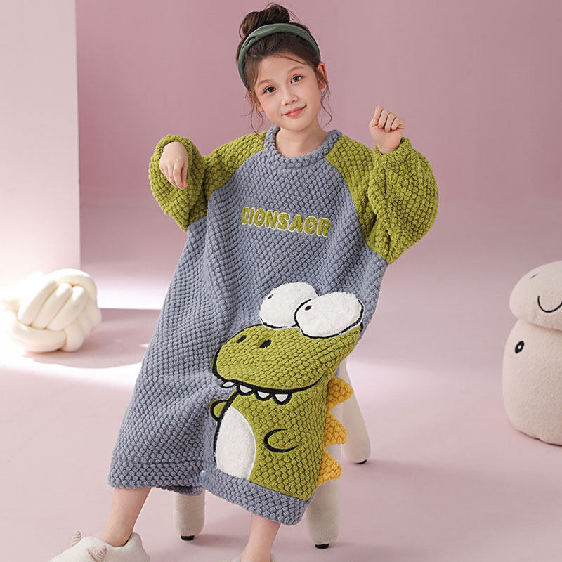 女童珊瑚绒保暖睡袋儿童冬季加绒睡衣裙中大童宝宝恐龙连体家居服