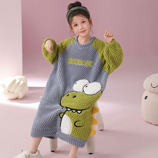 女童珊瑚绒保暖睡袋儿童冬季加绒睡衣裙中大童宝宝恐龙连体家居服