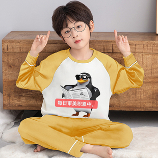 男童睡衣青少年企鹅搞怪中大童家居服纯棉内衣儿童春秋季长袖套装