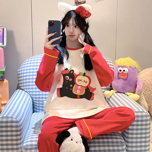 女生睡衣本命年初中生可外穿家居服纯棉长袖套装少女红色新年战袍