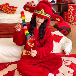 珊瑚绒睡衣女款2026本命年少女可外穿家居服红色冬加厚睡袋连体衣