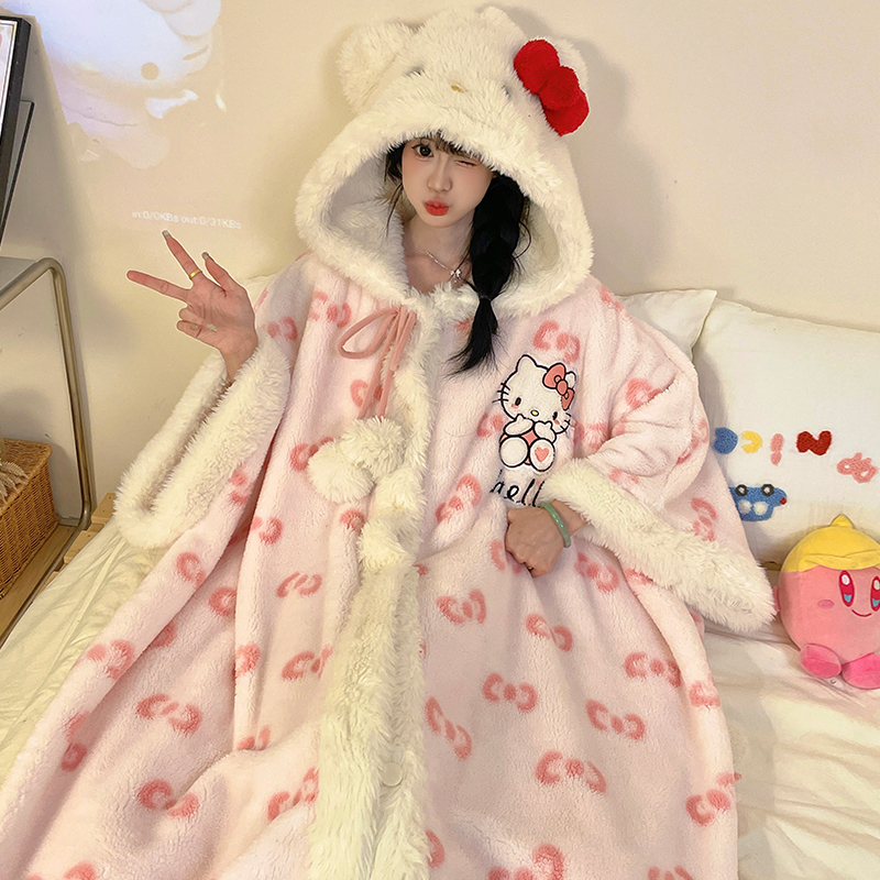 kitty猫连帽珊瑚绒睡袍女秋冬季