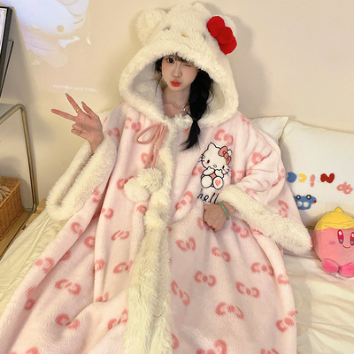 kitty猫连帽珊瑚绒睡袍女秋冬季