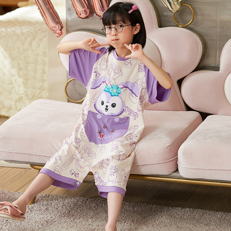 儿童连体睡衣女童夏季薄款莫代尔短袖空调服防踢中小童可爱家居服