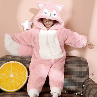 秋冬季儿童珊瑚绒连体睡衣女童加厚款可爱小狐狸女孩家居服防踢被