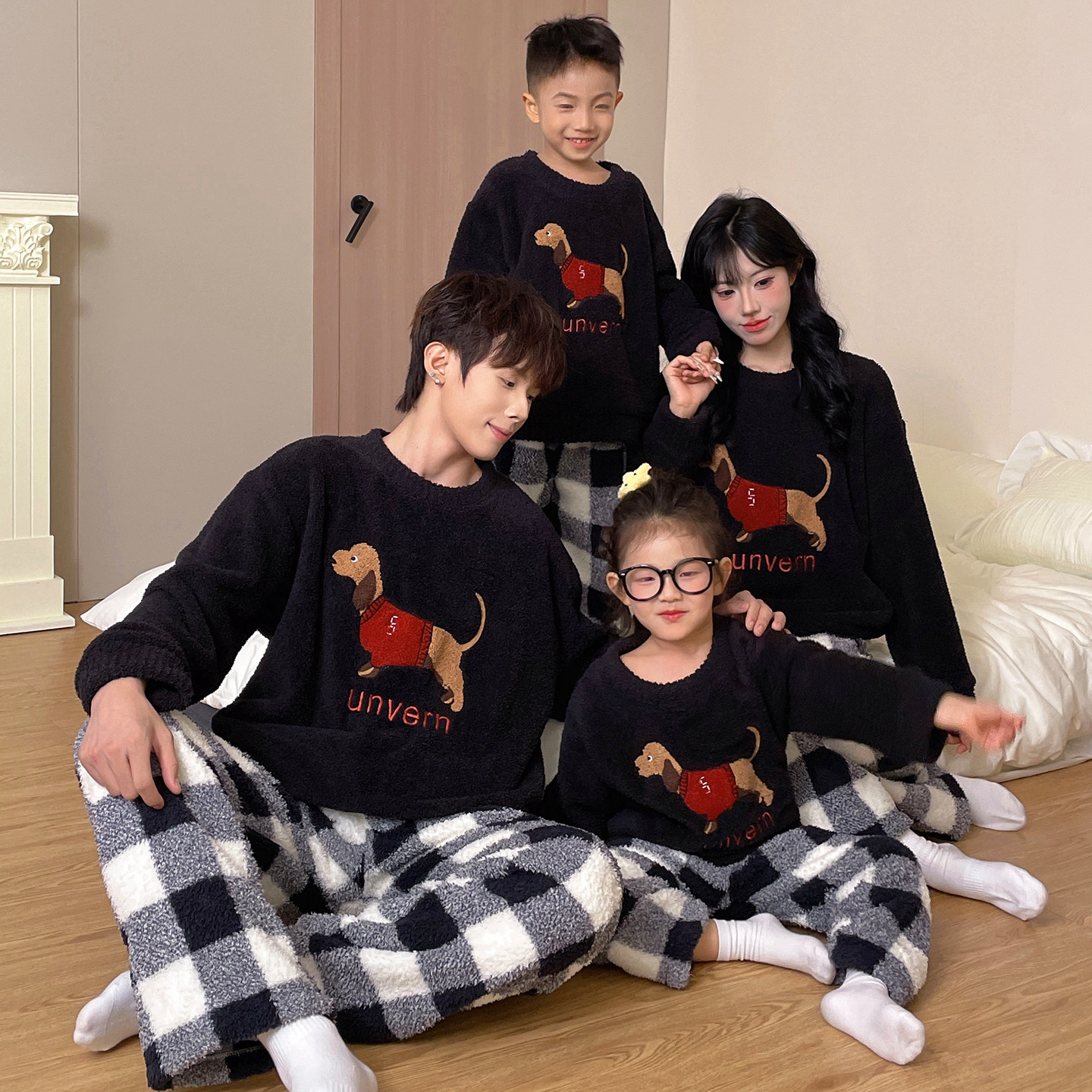 亲子装腊肠狗睡衣半边绒秋冬季男孩家居服情侣休闲套装保暖珊瑚绒